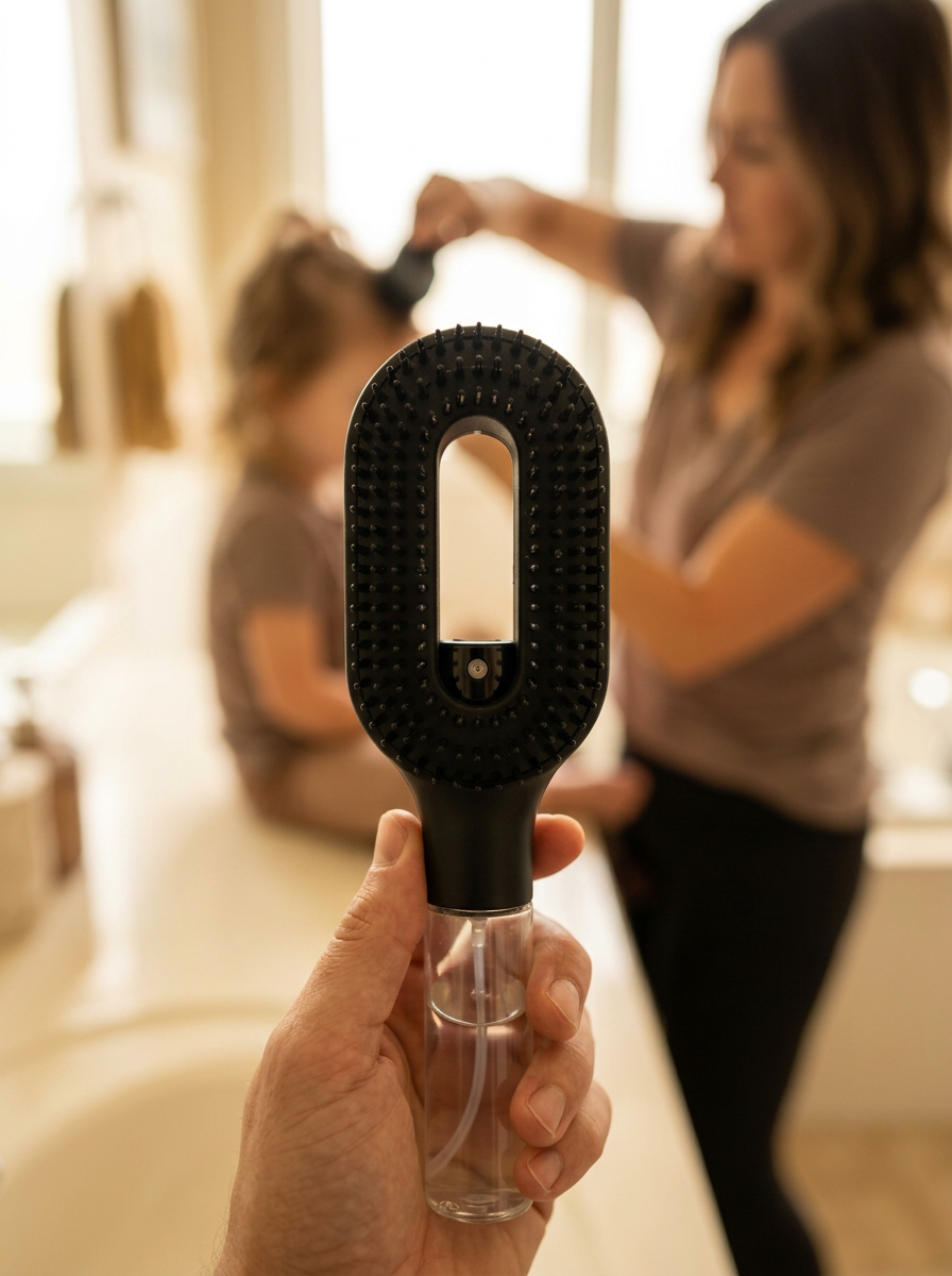 Brumelle Hydrating Brush held close up while a mother brushes her child's hair