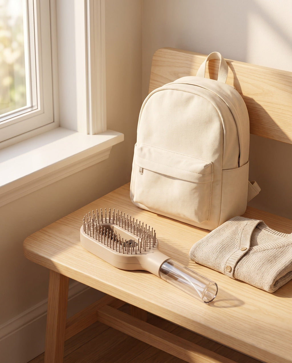 Brumelle Hydrating Brush in beige on a wooden bench beside a cream backpack and folded towel