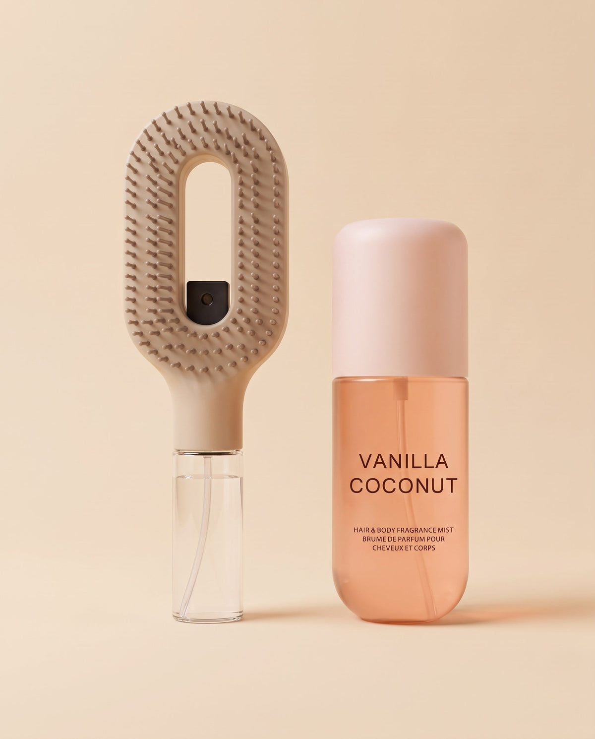 The Complete Ritual Set: Brumelle Hydrating Brush in beige beside the Vanilla Coconut Scent Mist on a warm studio background