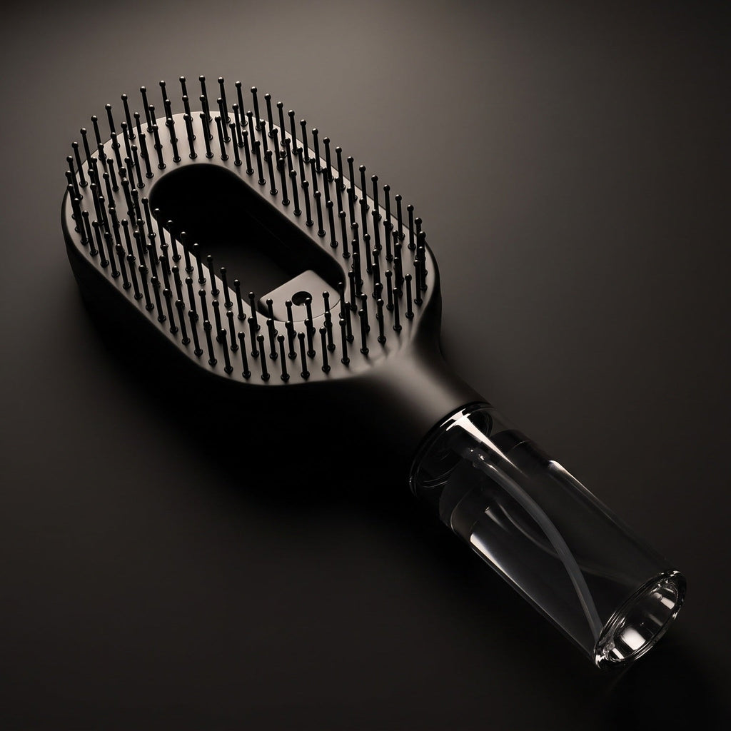 Brumelle Hydrating Brush in black, lit from above to show the clear refillable mist reservoir in the handle