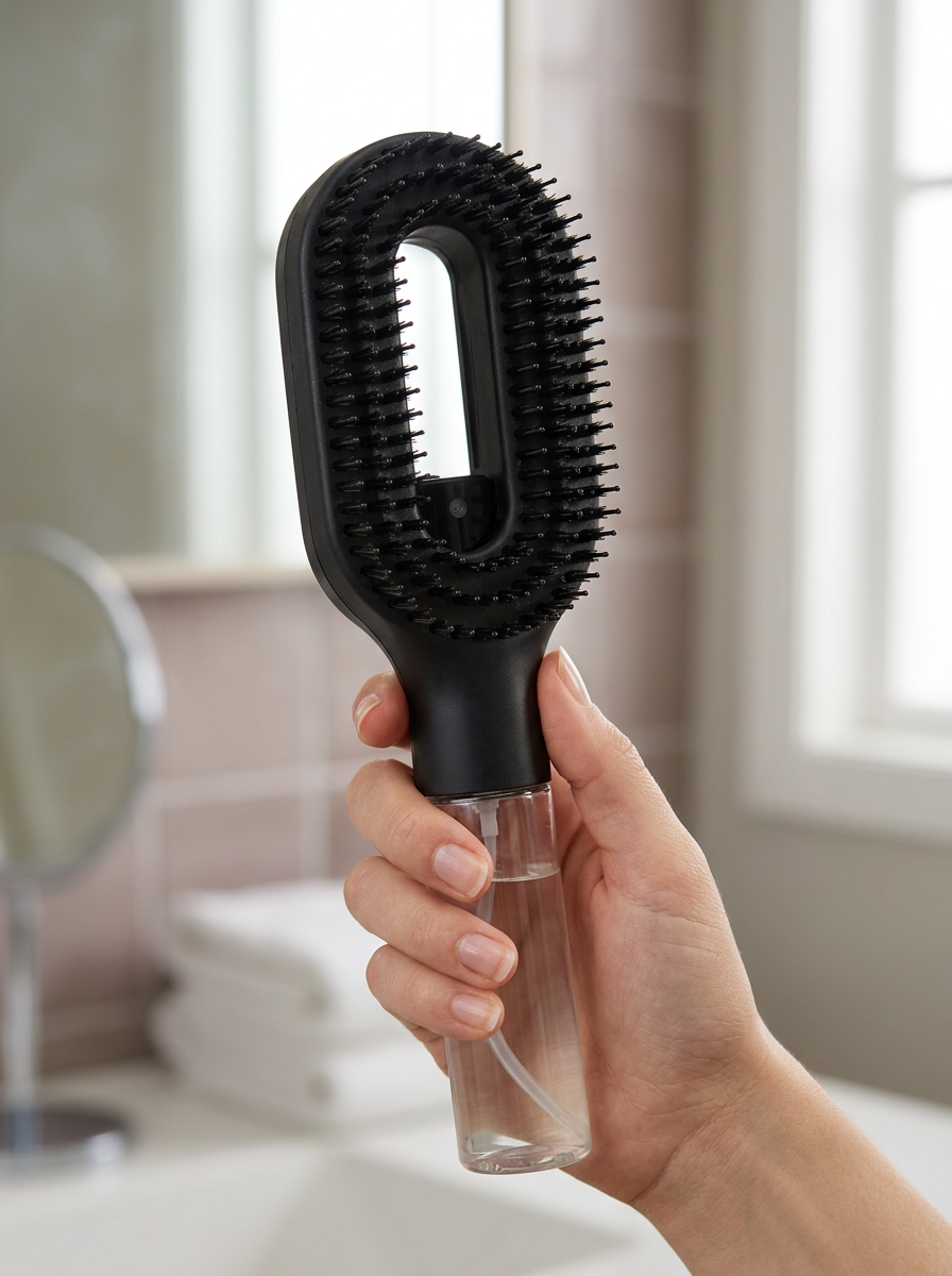 Hand holding the Brumelle Hydrating Brush, showing its size and clear refillable mist bottle
