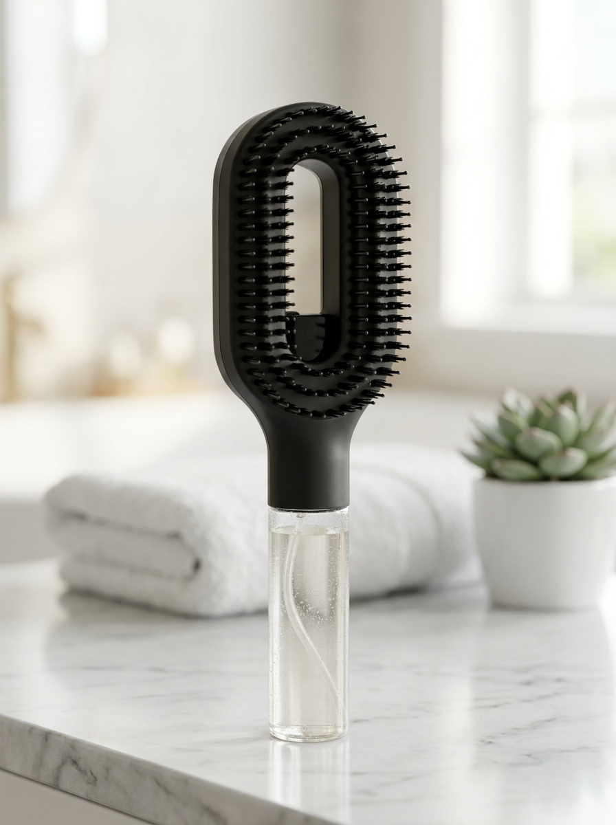 Brumelle Hydrating Brush styled on a marble bathroom counter