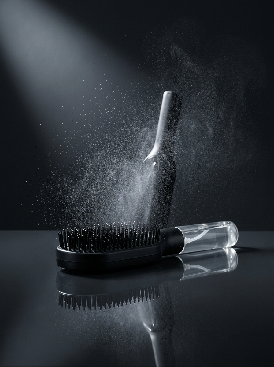 Brumelle Hydrating Brush releasing a fine hydrating mist