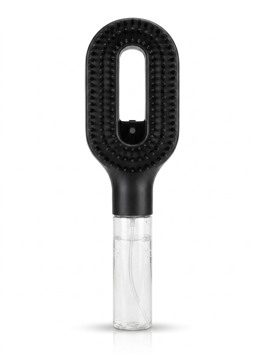 Brumelle Hydrating Brush in black, front view showing bristles and refillable mist reservoir