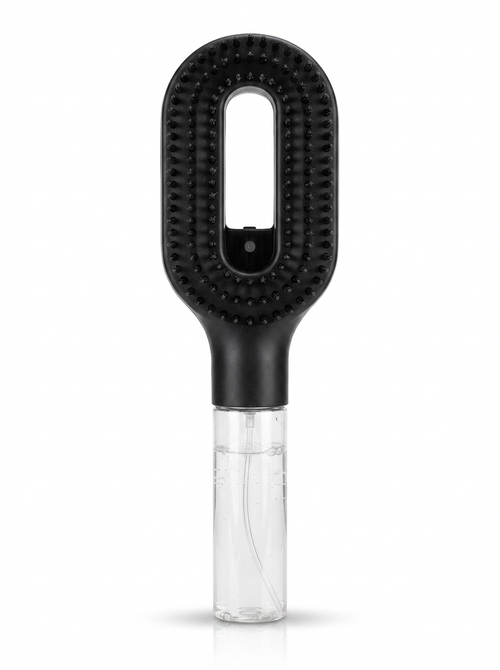 Brumelle Hydrating Brush in black, front view showing bristles and refillable mist reservoir