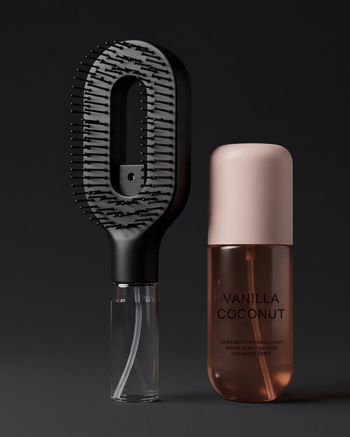 The Complete Ritual Set: Brumelle Hydrating Brush in black standing beside the Vanilla Coconut Scent Mist on a dark background