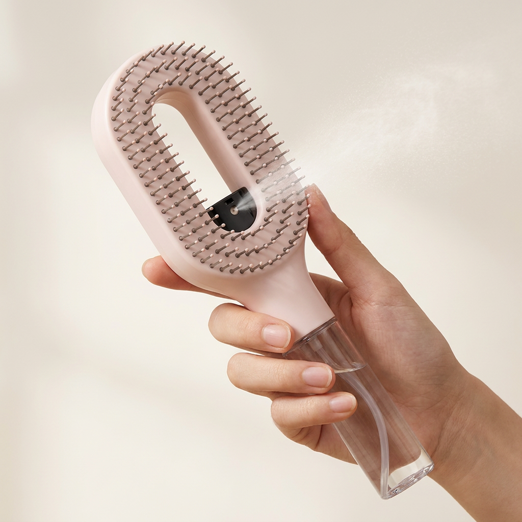 Brumelle Hydrating Brush in beige, held in hand with mist