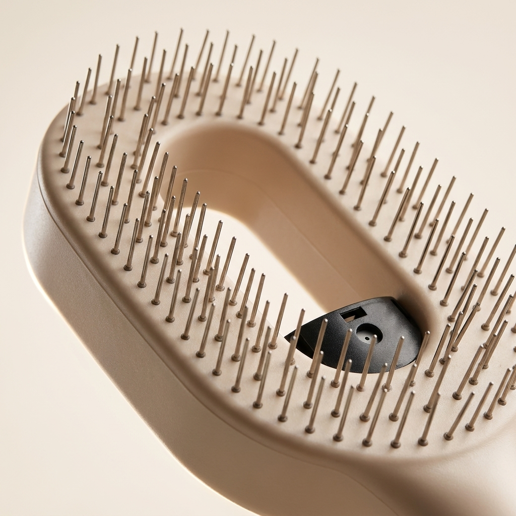 Brumelle Hydrating Brush in beige, macro close-up of bristles and nozzle
