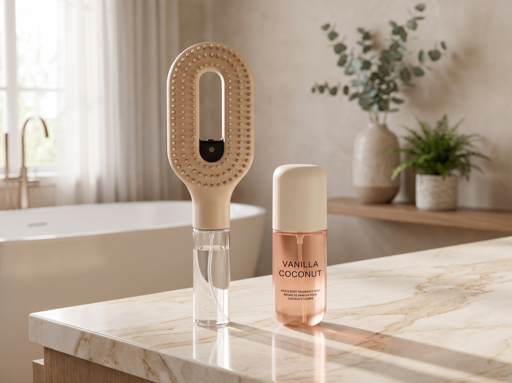 Brumelle Hydrating Brush and Scent Mist together in a bathroom setting