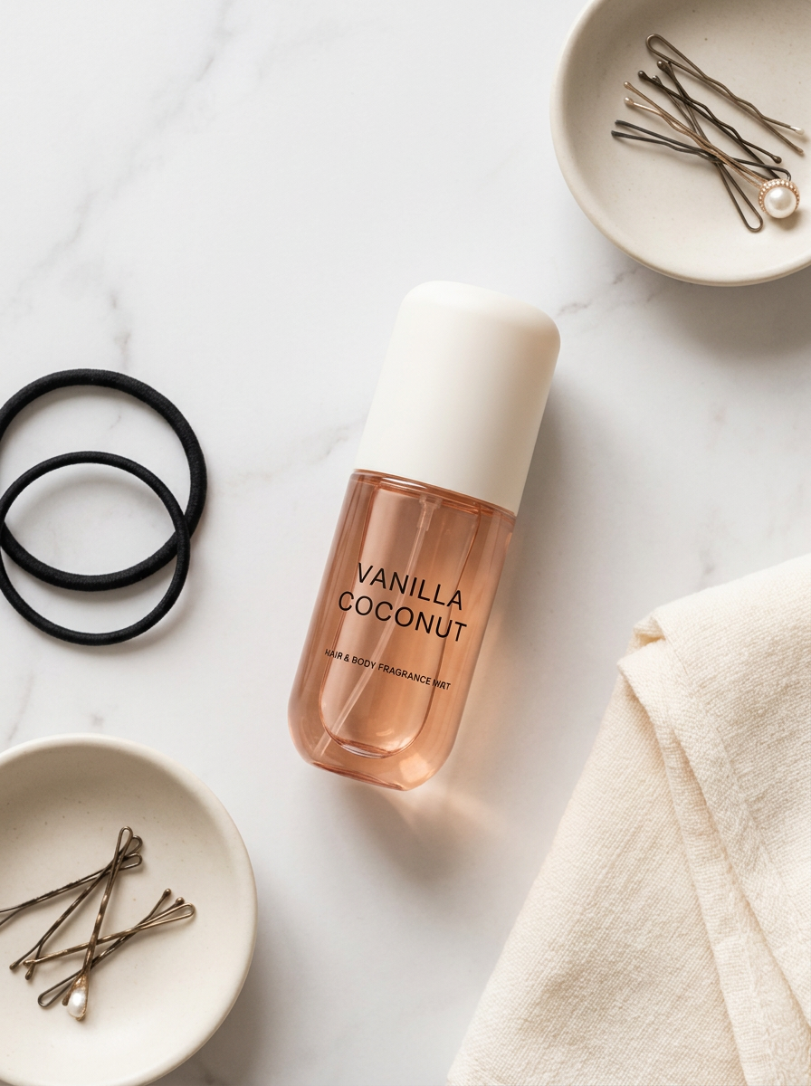 Brumelle Hydrating Scent Mist, Vanilla Coconut, flat lay on marble vanity with hair accessories