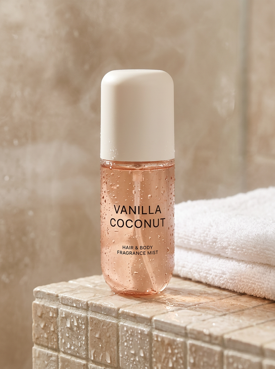 Brumelle Hydrating Scent Mist, Vanilla Coconut, on a wet tiled shower shelf beside a folded towel
